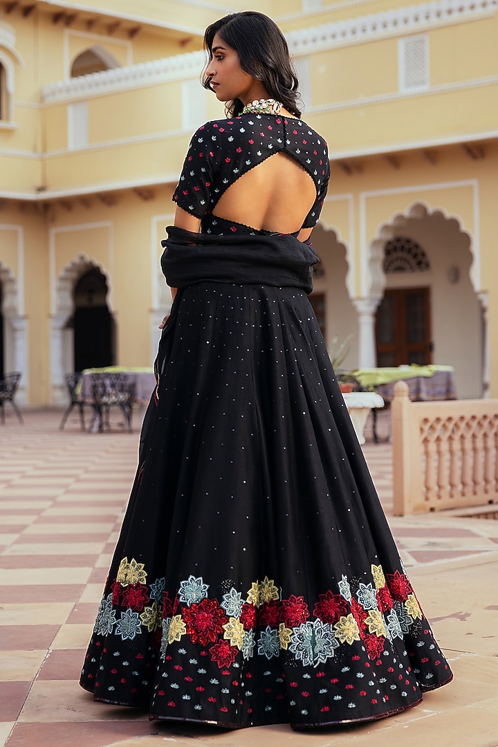 Black Silk Chanderi Patchwork Embroidered Wedding Lehenga Set by Keosha at Pernia's Pop Up Shop