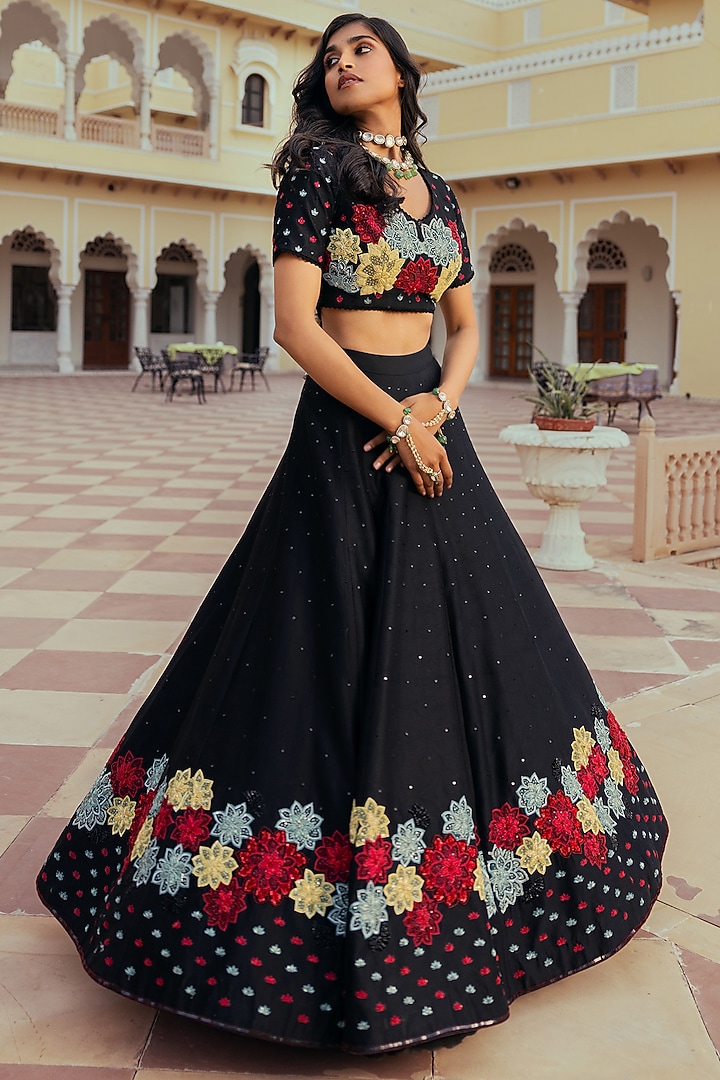 Black Silk Chanderi Patchwork Embroidered Wedding Lehenga Set by Keosha at Pernia's Pop Up Shop