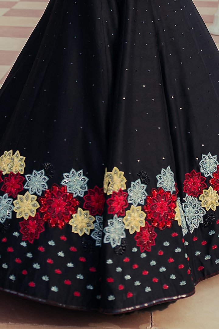 Black Silk Chanderi Patchwork Embroidered Wedding Lehenga Set by Keosha at Pernia's Pop Up Shop