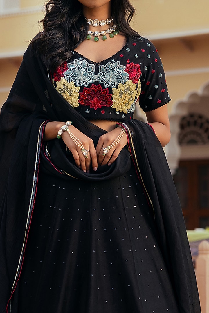 Black Silk Chanderi Patchwork Embroidered Wedding Lehenga Set by Keosha at Pernia's Pop Up Shop