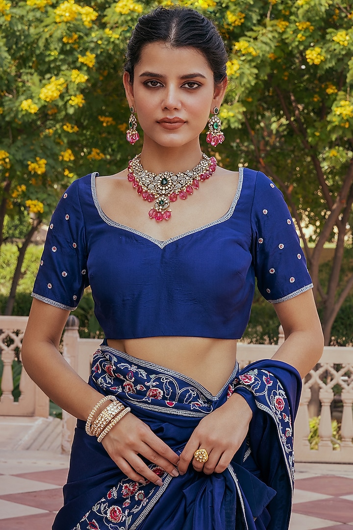 Blue Pure Silk Embroidered Blouse by Keosha