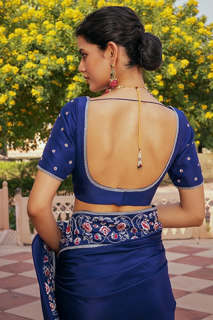 Blue Pure Silk Embroidered Blouse by Keosha at Pernia's Pop Up Shop