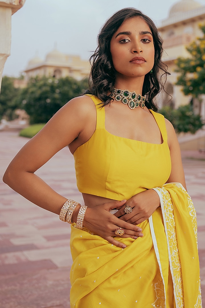 Yellow Silk Chanderi Blouse by Keosha