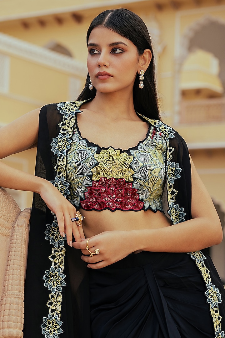 Black Silk Chanderi Hand Embellished Blouse by Keosha