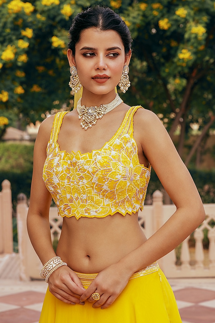 Yellow Silk Chanderi Hand Embellished Blouse by Keosha