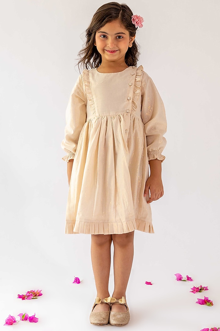 Ivory Dress In Cotton Lurex For Girls by Kevaclothing