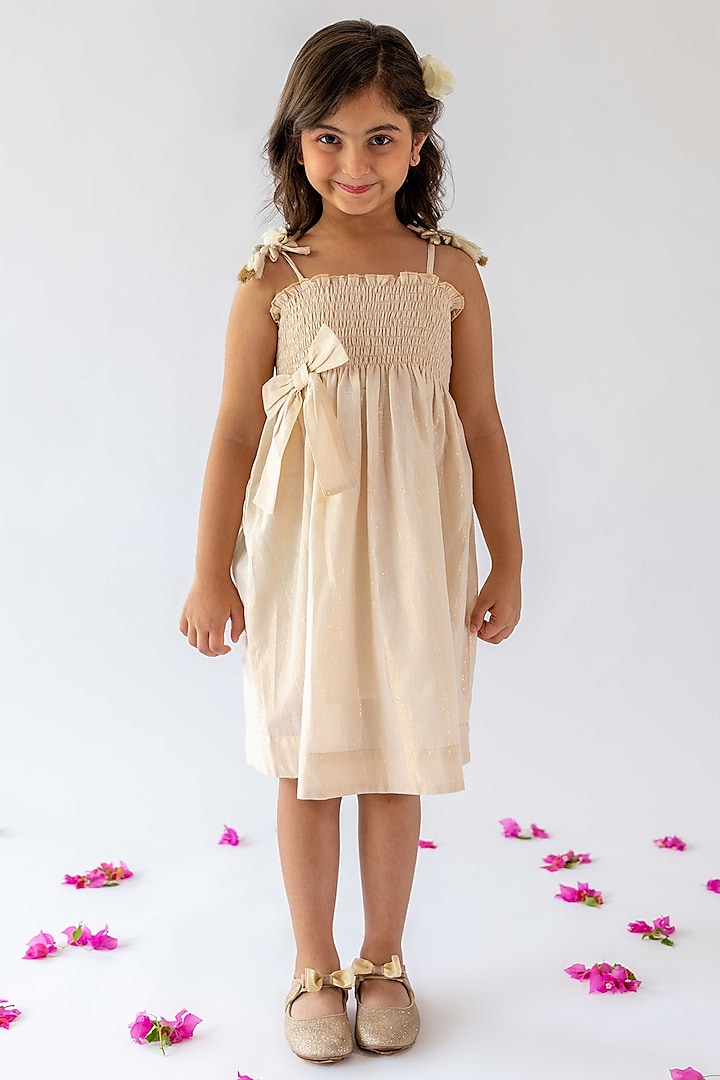 Ivory Cotton Lurex Dress For Girls by Kevaclothing