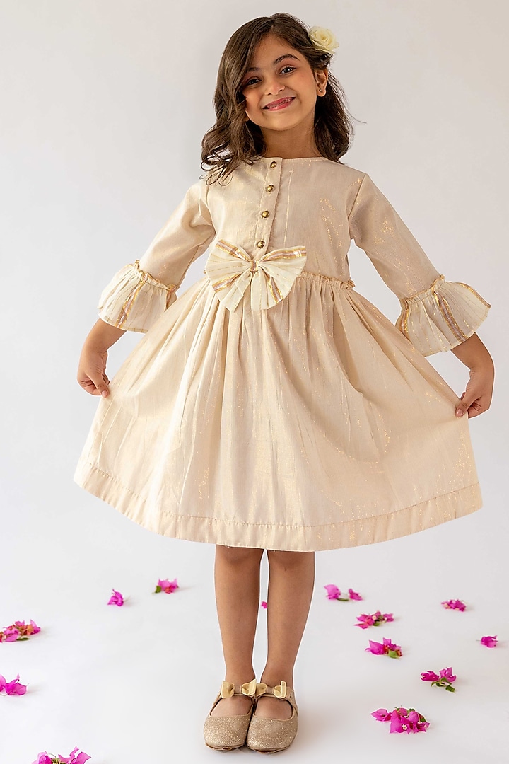 Ivory Cotton Lurex Dress For Girls by Kevaclothing