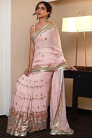 Pink Embroidered Pre-Stitched Saree Set by GOPI VAID