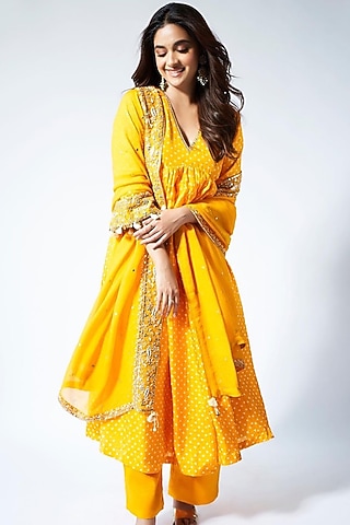Yellow Silk Embroidered Kurta Set by Pink City By Sarika