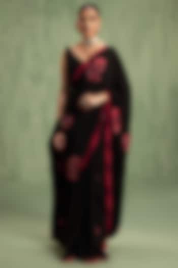 Black Crepe Patchwork Embroidered Party Wear Saree Set by Keosha at Pernia's Pop Up Shop