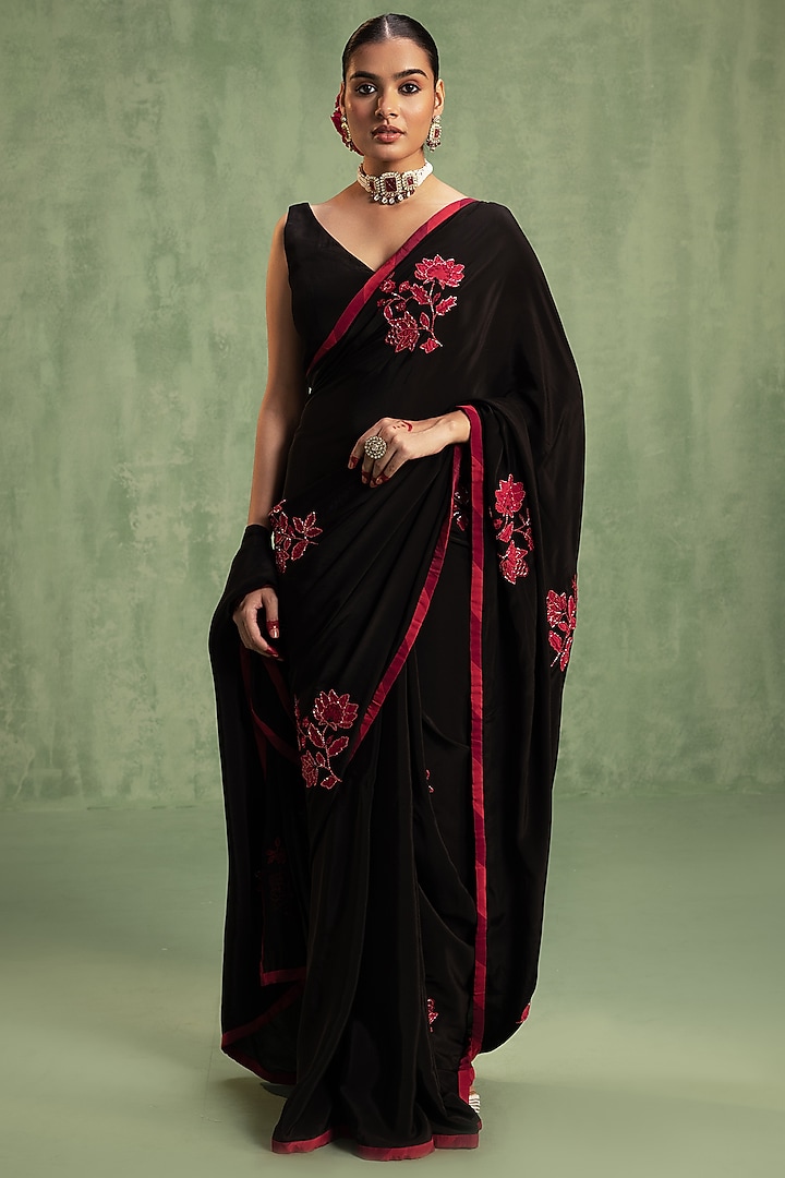 Black Crepe Patchwork Embroidered Party Wear Saree Set by Keosha at Pernia's Pop Up Shop