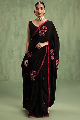 Black Crepe Patchwork Embroidered Saree Set by Keosha