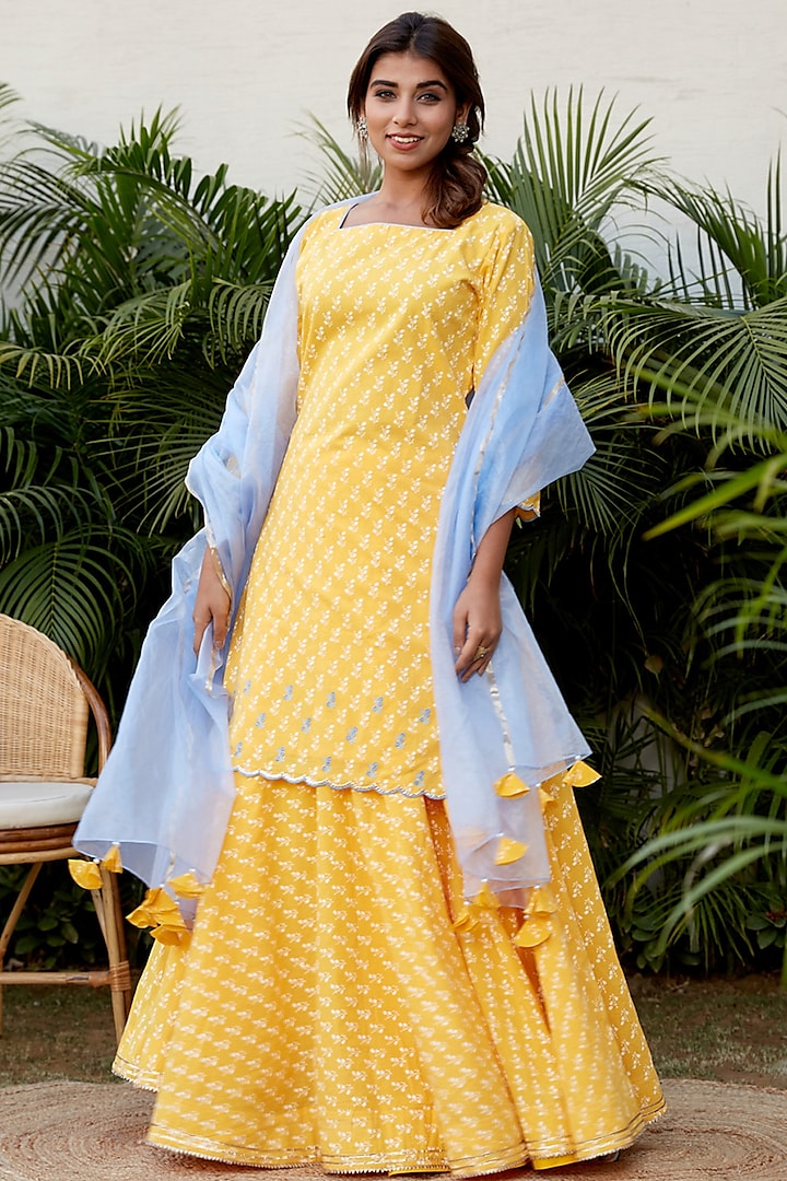 Yellow Cotton Flared Skirt Set by Ruchira Nangalia