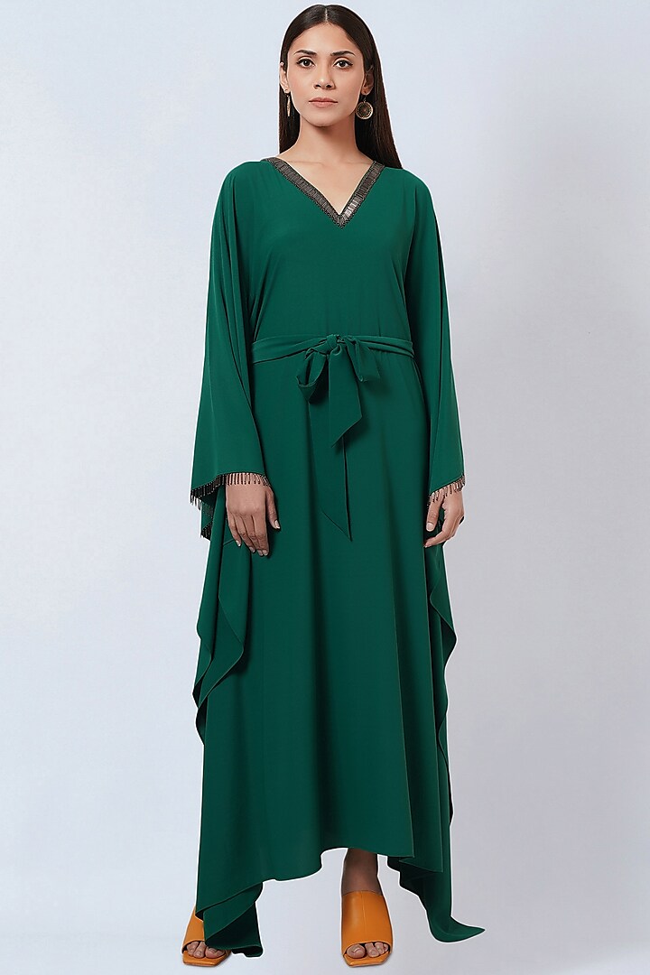 Pine Green Polyester Crepe Kaftan by First Resort by Ramola Bachchan