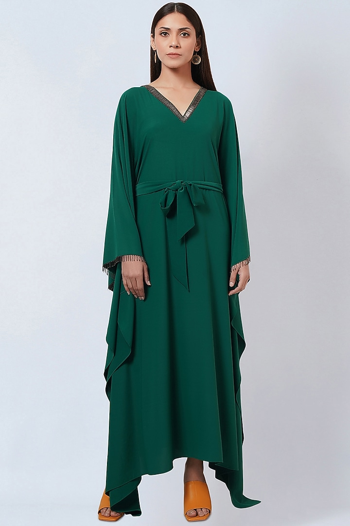 Pine Green Polyester Crepe Kaftan by First Resort by Ramola Bachchan at Pernia's Pop Up Shop