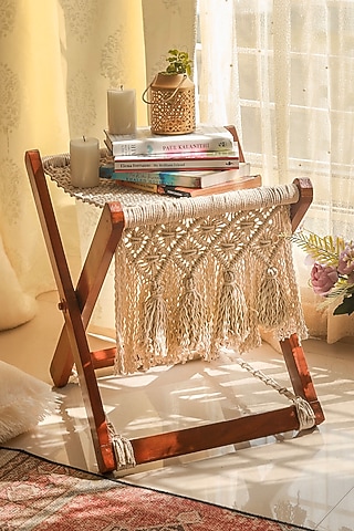 Off-White Cotton & Pinewood Table by Karighar - House of Indian Craftsmanship