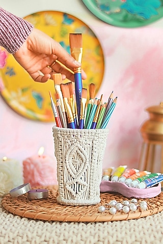 Off-White Natural Cotton & Thread Desk Organiser by Karighar - House of Indian Craftsmanship