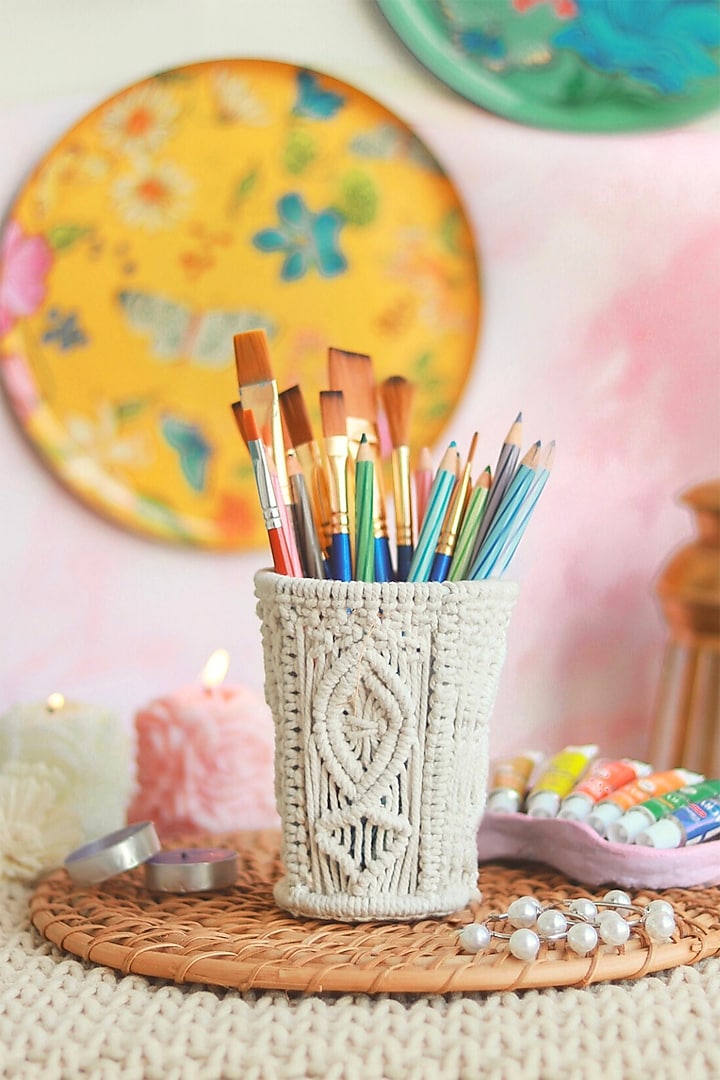 Off-White Natural Cotton & Thread Desk Organiser by Karighar - House of Indian Craftsmanship at Pernia's Pop Up Shop