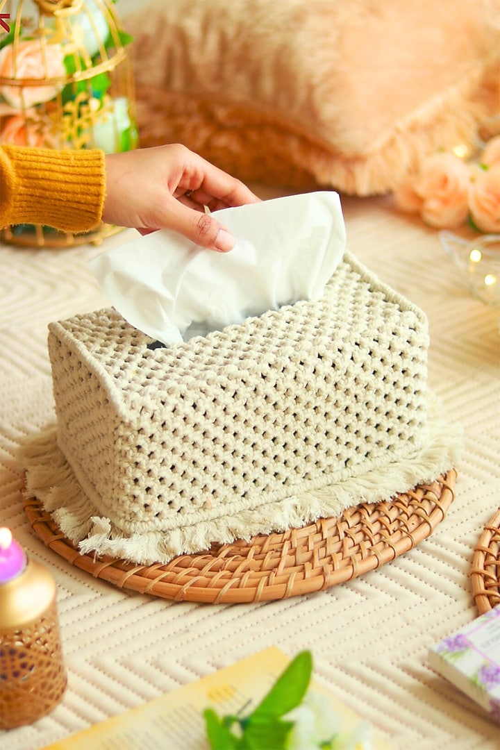 Off-White Natural Cotton Thread Tissue Box by Karighar - House of Indian Craftsmanship