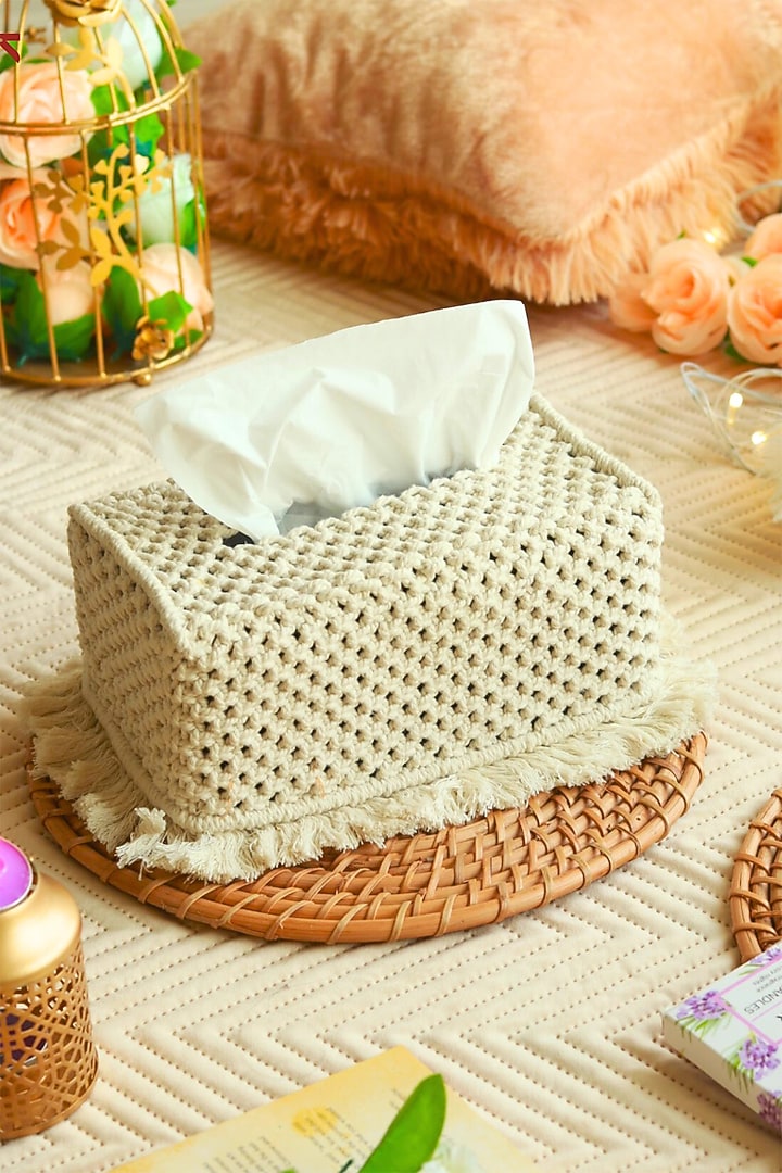 Off-White Natural Cotton Thread Tissue Box by Karighar - House of Indian Craftsmanship at Pernia's Pop Up Shop