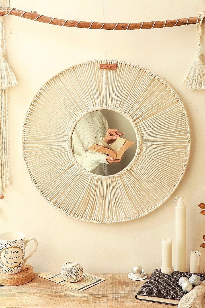 Off-White Natural Cotton & Thread Wall Mirror by Karighar - House of Indian Craftsmanship