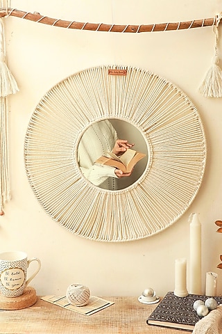 Off-White Natural Cotton & Thread Wall Mirror by Karighar - House of Indian Craftsmanship