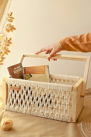 Off-White Natural Cord Thread & Pinewood Organiser by Karighar - House of Indian Craftsmanship
