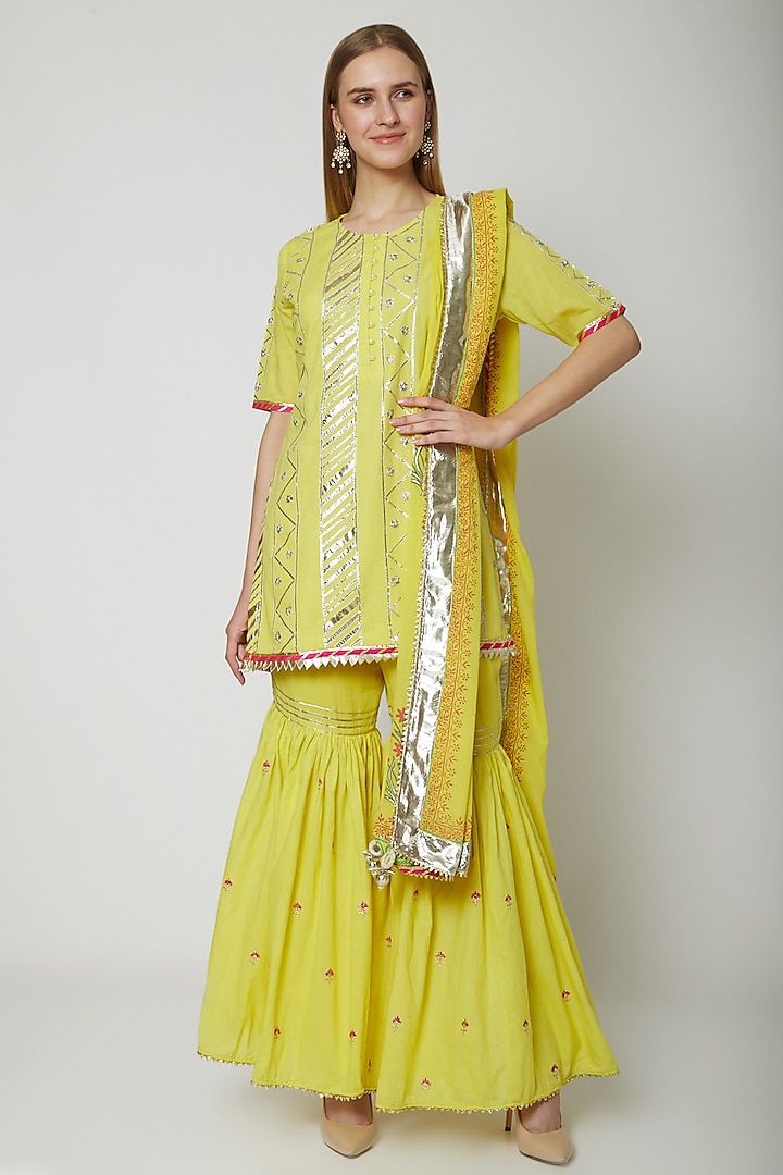 Yellow Embroidered Printed Gharara Set by KAIA