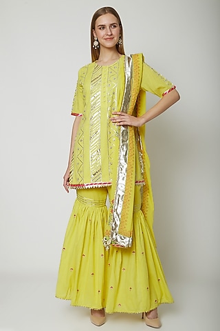 Yellow Embroidered Printed Gharara Set by KAIA