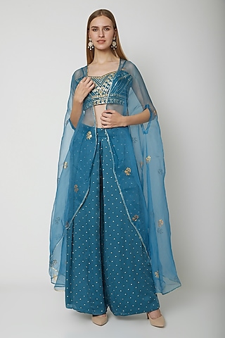Sapphire Blue Embroidered Bustier With Cape & Palazzo Pants by KAIA