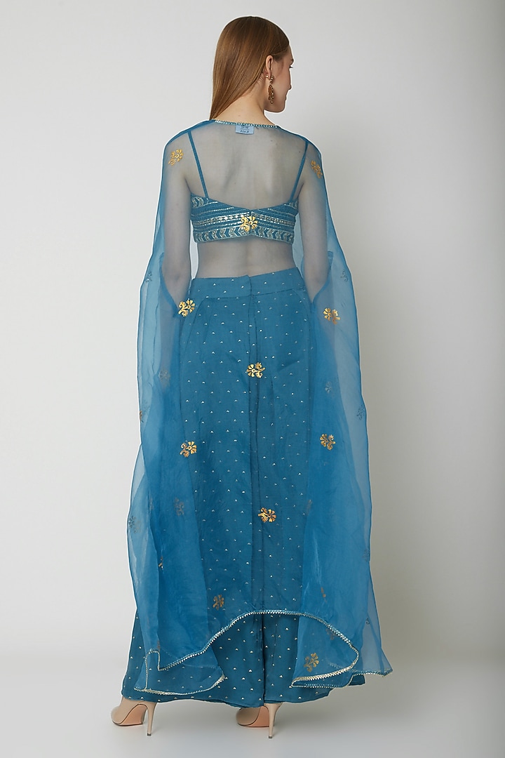 Sapphire Blue Embroidered Bustier With Cape & Palazzo Pants by KAIA at Pernia's Pop Up Shop