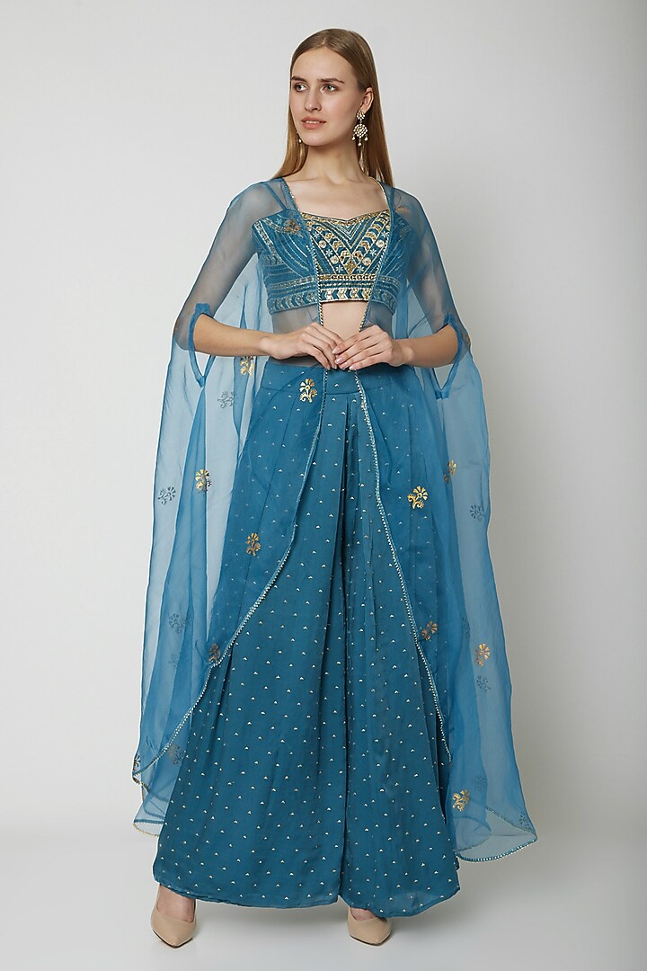 Sapphire Blue Embroidered Bustier With Cape & Palazzo Pants by KAIA at Pernia's Pop Up Shop