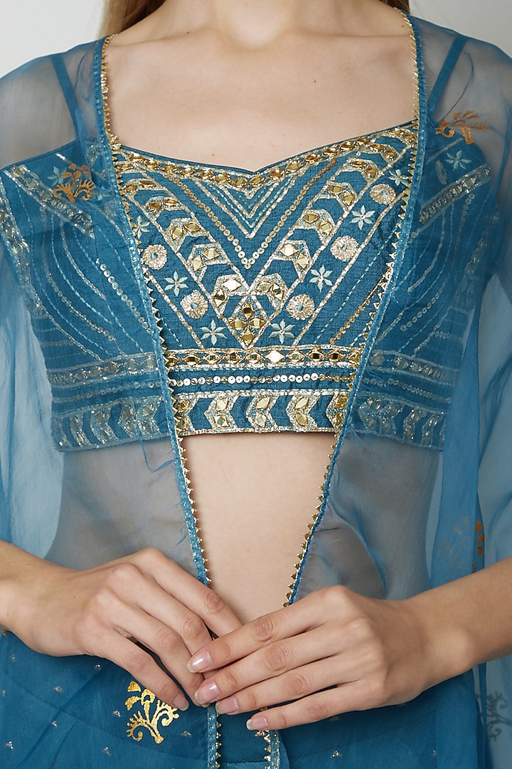 Sapphire Blue Embroidered Bustier With Cape & Palazzo Pants by KAIA at Pernia's Pop Up Shop