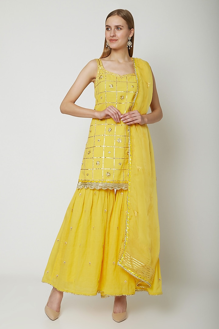 Yellow Cotton Embroidered Gharara Set by KAIA