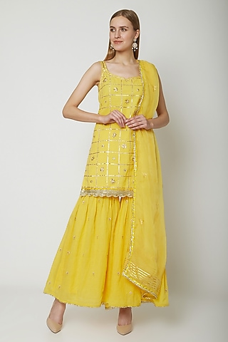 Yellow Cotton Embroidered Gharara Set by KAIA