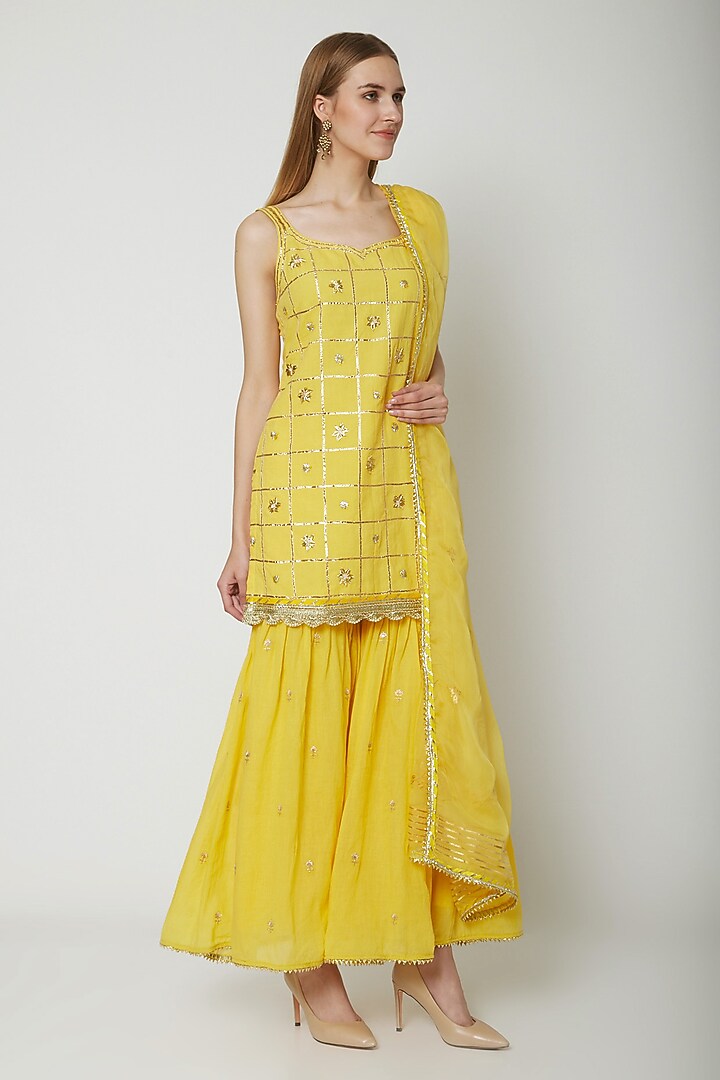 Yellow Cotton Embroidered Gharara Set by KAIA at Pernia's Pop Up Shop
