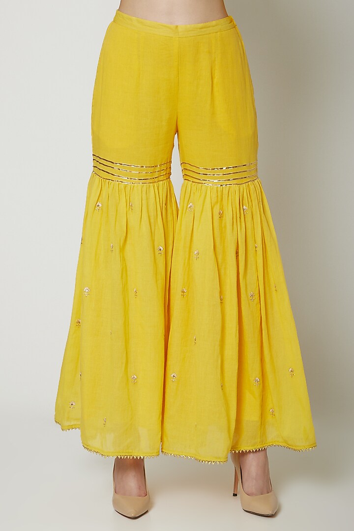 Yellow Cotton Embroidered Gharara Set by KAIA at Pernia's Pop Up Shop