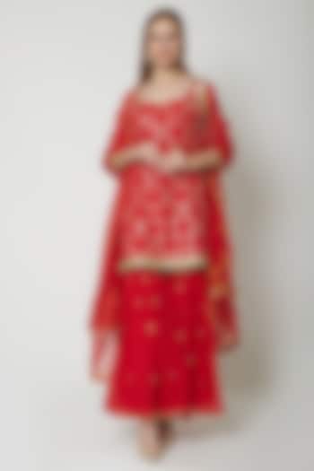 Red Embroidered Printed Gharara Set by KAIA