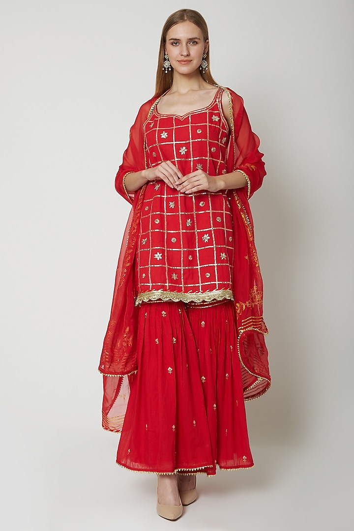 Red Embroidered Printed Gharara Set by KAIA