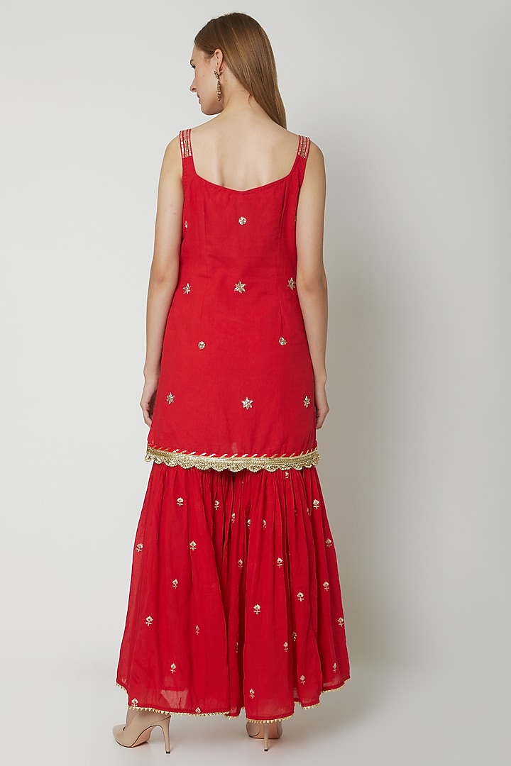 Red Embroidered Printed Gharara Set by KAIA at Pernia's Pop Up Shop