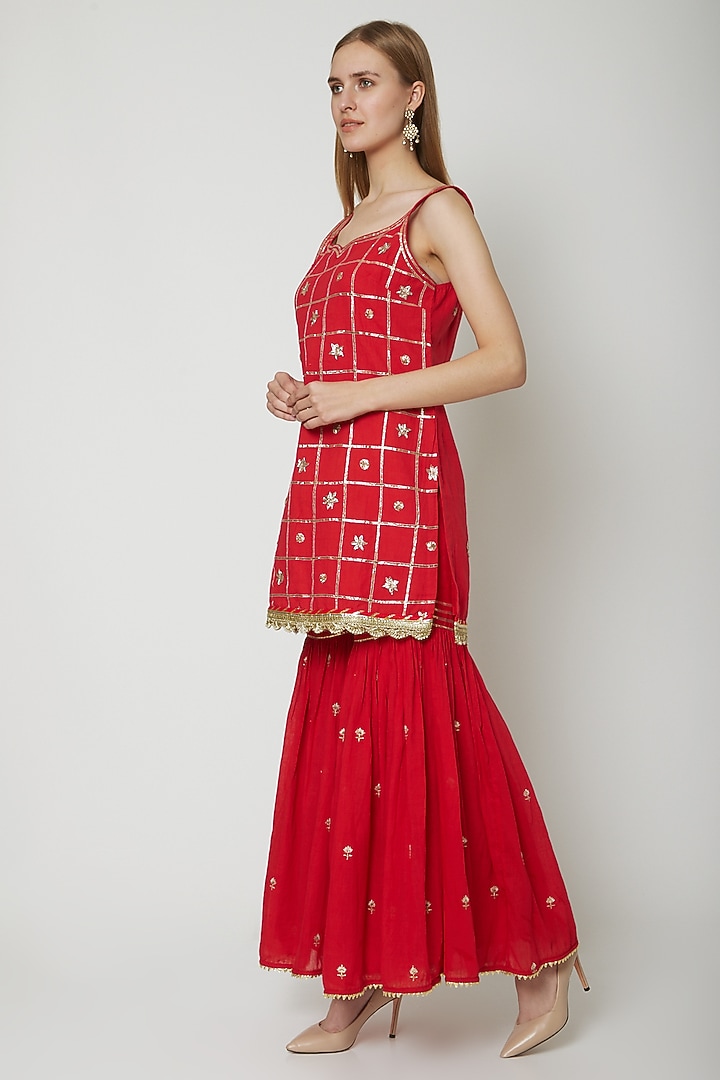 Red Embroidered Printed Gharara Set by KAIA at Pernia's Pop Up Shop
