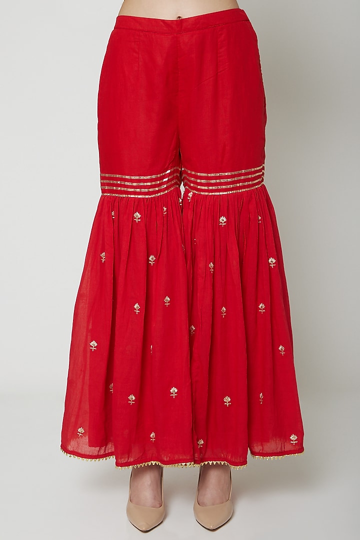 Red Embroidered Printed Gharara Set by KAIA at Pernia's Pop Up Shop