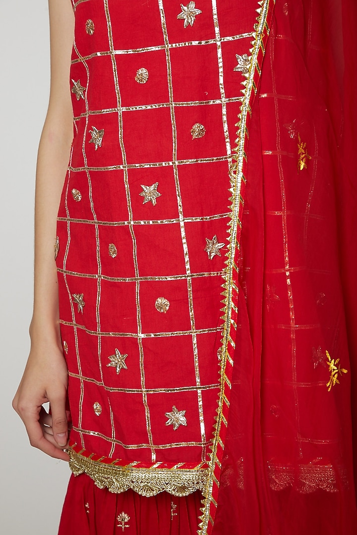 Red Embroidered Printed Gharara Set by KAIA at Pernia's Pop Up Shop