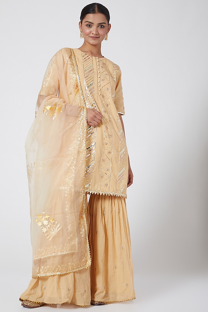Beige Gold Cotton Embroidered Gharara Set by KAIA