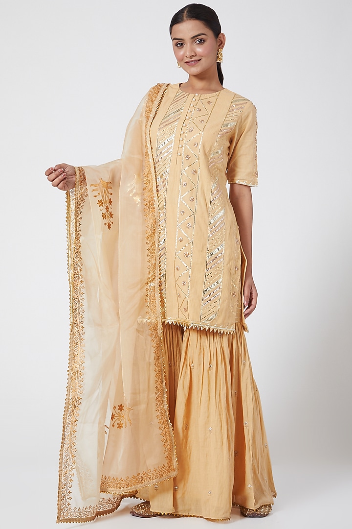 Beige Gold Cotton Embroidered Gharara Set by KAIA at Pernia's Pop Up Shop