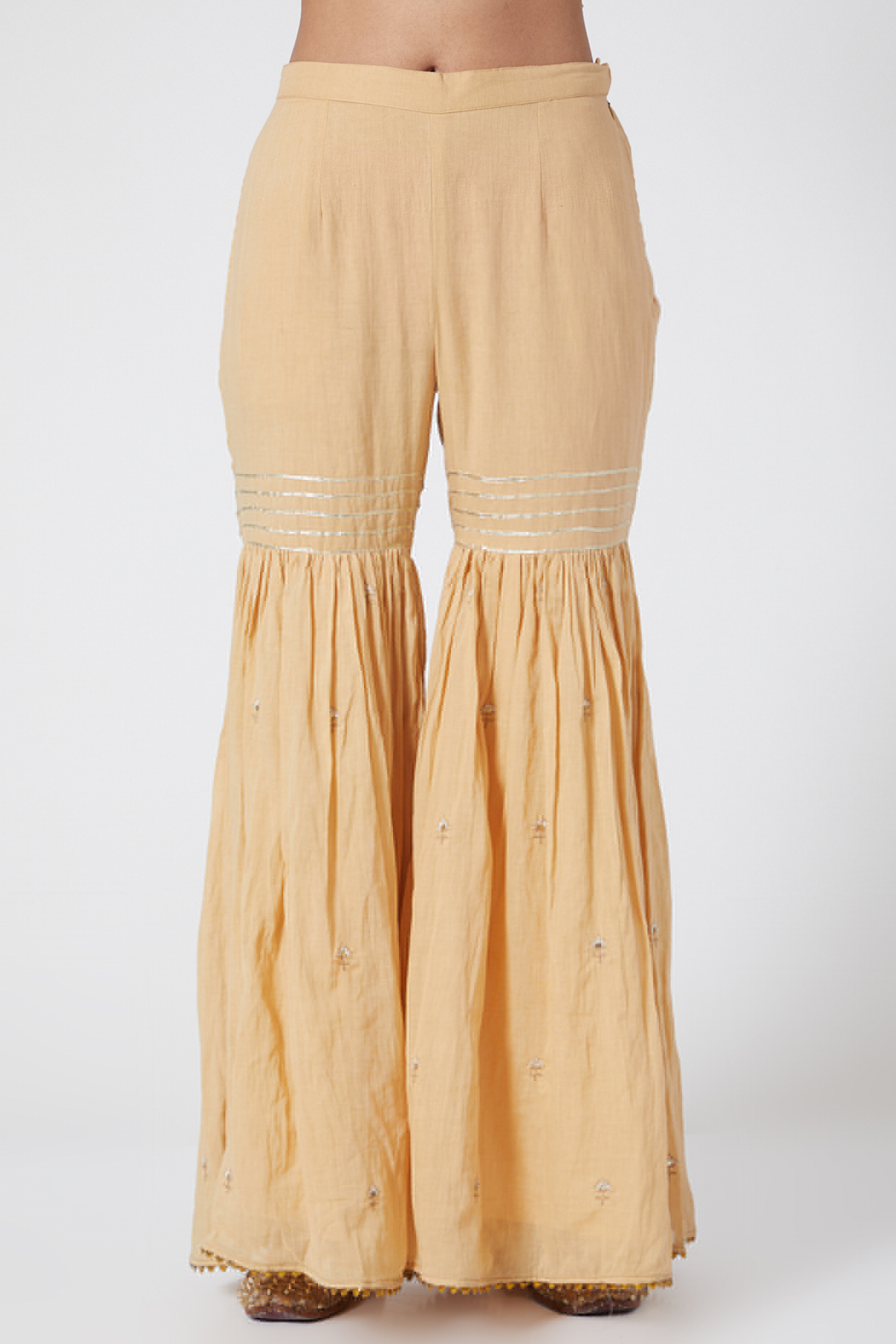 Beige Gold Cotton Embroidered Gharara Set by KAIA at Pernia's Pop Up Shop