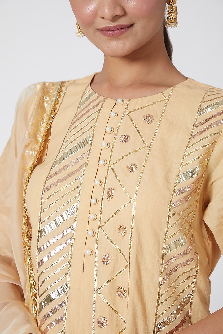 Beige Gold Cotton Embroidered Gharara Set by KAIA at Pernia's Pop Up Shop