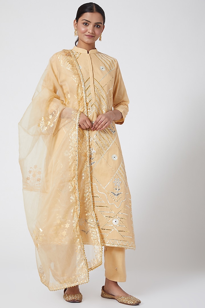 Beige Gold Embroidered Kurta Set by KAIA