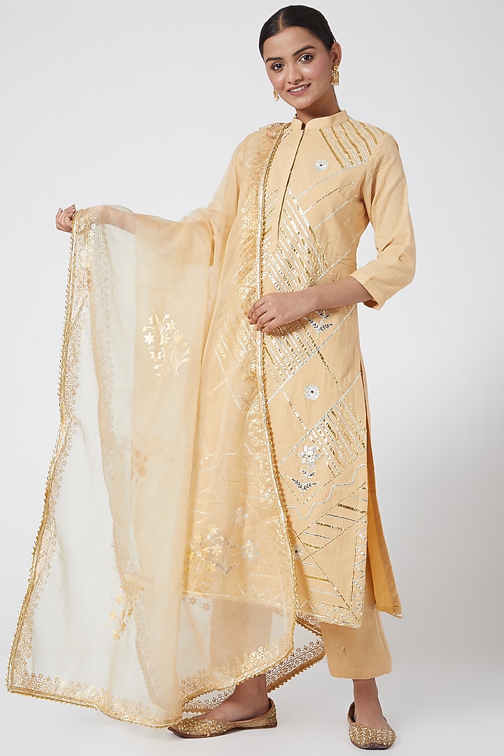 Beige Gold Embroidered Kurta Set by KAIA at Pernia's Pop Up Shop